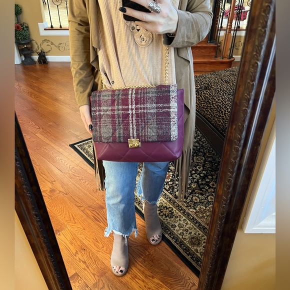 Michelle Moon Quilted Leather And Tweed Two-Tone Fabric Bag in Plum And Grey - Picture 3 of 16